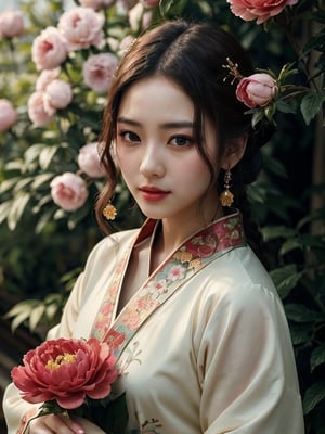 A girl, wearing hanfu, peony garden, butterfly, (negative space:1.4), fusion of art nouveau styles with gongbi painting, gold and white and red hue, Mucha style, (Cinematic lighting, ethereal light, intricate details, extremely detailed, incredible details, full colored), complex details, hyper maximalist, gorgeous light and shadow, detailed decoration, detailed lines. masterpiece, best quality, HDR, UHD, unreal engine. looking at the camera, fair skin, beautiful face,myhanfu,Colors