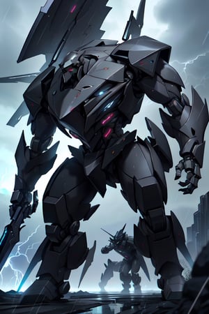 Old male Soldier wearing mech uniform, holding_weapon, ,stealthtech, dragonoid, lightning bolts, static, rain 