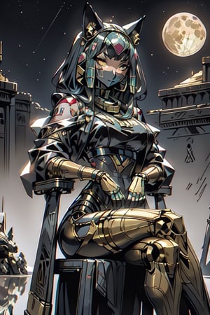 a Female car Transformers (egypt robot), Autobots, the focus is on it's shining and reflection , looking at camera, in the style of realistic and hyper-detailed renderings, full realistic, full_body pose, sitting with crossed legs on throne, full moon in background, nighttime scene, figures ,egyptian_mythology with large mechanical egyptian feline ,egypt