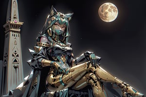 a Female cat Transformers (egypt robot), the focus is on it's shining and reflection , looking at camera, in the style of realistic and hyper-detailed renderings, full realistic, full_body pose, sitting with crossed legs on throne, full moon in background, nighttime scene, figures ,egyptian_mythology with large mechanical egyptian feline ,egypt