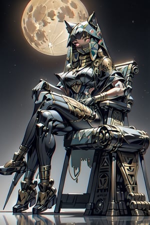 a Female car Transformers (egypt robot), Autobots, the focus is on it's shining and reflection , looking at camera, in the style of realistic and hyper-detailed renderings, full realistic, full_body pose, sitting with crossed legs on throne, full moon in background, nighttime scene, figures ,egyptian_mythology with large mechanical egyptian feline ,egypt