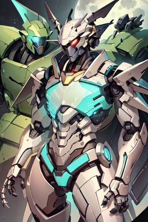 Mech solo, standing, full body, grey background, no humans, multiple robots in background, dragon armor mecha detailed with wings, clenched hands, science fiction, looking_at_the_viewer , side facing hero stance, nighttime scene buildings full_moon, stealthtech, Img2Img ,cutting edge,sleek angular 