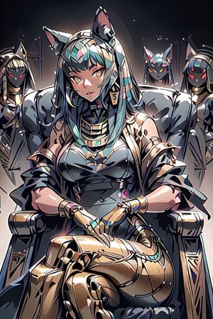 a Female car Transformers (egypt robot), Autobots, the focus is on it's shining and reflection , looking at camera, in the style of realistic and hyper-detailed renderings, full realistic, full_body pose, sitting with crossed legs on throne, figures ,egyptian_mythology with large mechanical egyptian feline 