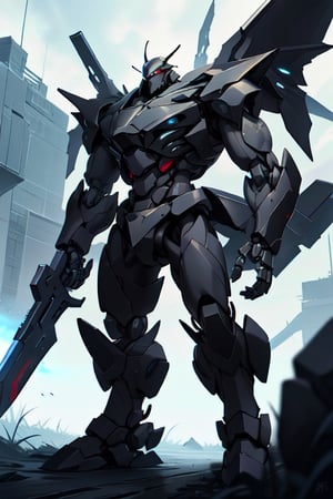 Old male Soldier wearing mech uniform, holding_weapon, ,stealthtech, dragonoid
