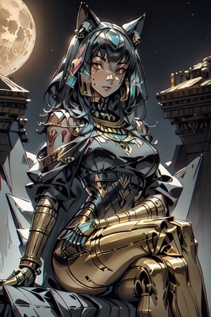 a Female car Transformers (egypt robot), Autobots, the focus is on it's shining and reflection , looking at camera, in the style of realistic and hyper-detailed renderings, full realistic, full_body pose, sitting with crossed legs on throne, full moon in background, nighttime scene, figures ,egyptian_mythology with large mechanical egyptian feline 