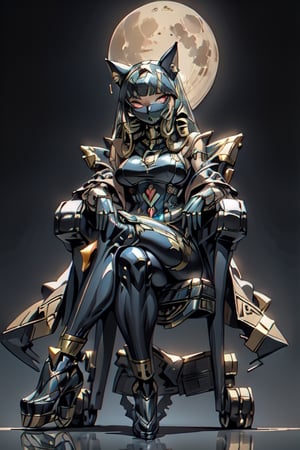 a Female cat Transformers (egypt robot), Autobots, the focus is on it's shining and reflection , looking at camera, in the style of realistic and hyper-detailed renderings, full realistic, full_body pose, sitting with crossed legs on throne, full moon in background, nighttime scene, figures ,egyptian_mythology with large mechanical egyptian feline ,egypt