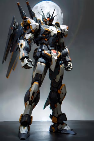 Mech solo, standing, full body, grey background, no humans, robots in background, mecha, clenched hands, science fiction, looking ahead hero stance, nighttime scene full_moon, 