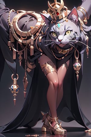 Egyptian African goddess of Cats, beautiful detailed face, gold cat crown, gold jeweled scepter, full-body-shot, heroic pose, long shiny hair, dark_skinned_female, ,egypt
