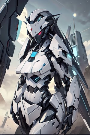 Mech solo, standing, full body, grey background, no humans, multiple robots in background, dragon armor mecha detailed with wings, clenched hands, science fiction, looking_at_the_viewer , side facing hero stance, nighttime scene buildings full_moon, stealthtech, Img2Img ,cutting edge