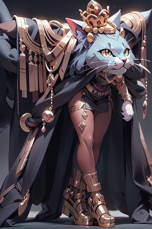 Egyptian African goddess of Cats, beautiful detailed face, gold cat crown, gold jeweled scepter, full-body-shot, heroic pose, long shiny hair, dark_skinned_female, ,egypt