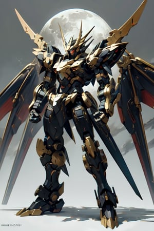 Mech solo, standing, full body, grey background, no humans, robots in background, dragon mecha detailed with wings, clenched hands, science fiction, looking ahead hero stance, nighttime scene full_moon, 