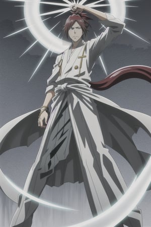 Standing tall is a Quincy adorned in flowing white robes accented with intricate golden embellishments. His fiery red hair cascades down, tied neatly in a ponytail. In his hand rests a bow unlike any other, crafted from pure spiritual energy, its sleek form radiating power and elegance.,bleach,,quincy,anime,<lora:659111690174031528:1.0>