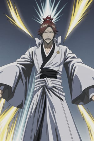 Standing tall is a Quincy adorned in flowing white robes accented with intricate golden embellishments. His fiery red hair cascades down, tied neatly in a ponytail. In his hand rests a bow unlike any other, crafted from pure spiritual energy, its sleek form radiating power and elegance.,bleach,,quincy,anime,<lora:659111690174031528:1.0>