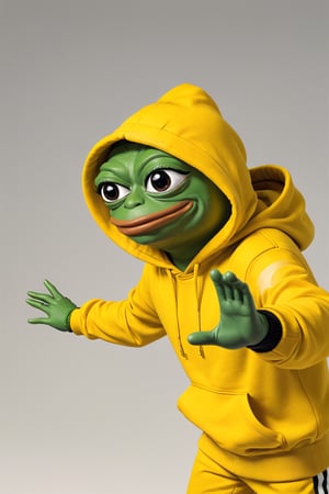 Pepe(frog, young, wearing a streetwear, hoodie), standind, the two hands are wide open in a T-pose, background(yellow colour),(masterpiece, highres, high quality:1.2), ambient occlusion, low saturation, High detailed, Detailedface, (shot from distance, full body shot)