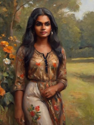Exactly the image attached, Single Realistic 25 years old Beautiful young sri lankan woman, shiny honey skin tone, lovely face, nice blushing cheeks, round lower lip, long black shiny hair, nature background,floral clothes,natural light,she is biting her own lip,oil painting,greg rutkowski,porcellana style,painting