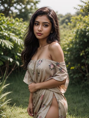 Exactly the image attached, Single Realistic 25 years old Beautiful young sri lankan woman, shiny honey skin tone, lovely face, nice blushing cheeks, round lower lip, long black shiny hair, nature background,floral clothes,natural light,Sexy Pose,off shoulder 