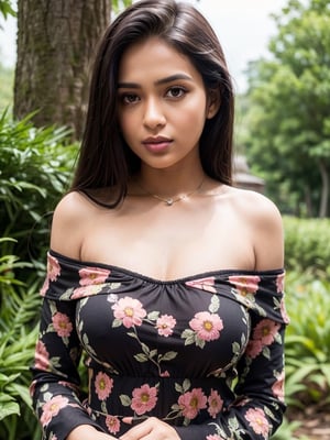 Exactly the image attached, Single Realistic 25 years old Beautiful young sri lankan woman, shiny honey skin tone, lovely face, nice blushing cheeks, round lower lip, long black shiny hair, nature background,floral clothes,natural light,Sexy Pose,off shoulder ,beautiful