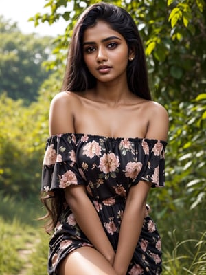 Exactly the image attached, Single Realistic 25 years old Beautiful young sri lankan woman, shiny honey skin tone, lovely face, nice blushing cheeks, round lower lip, long black shiny hair, nature background,floral clothes,natural light,Sexy Pose,off shoulder ,beautiful,SDXL