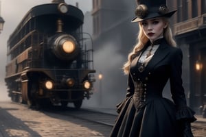 HZ steampunk,Masterpiece, highres,natural volumetric lighting and best shadows,highly detailed face, highly detailed facial features, 1girl with all black clothes, hat, gloves, ground vehicle, solo, black gloves, outdoors,dim light, blonde hair, hair up, blurry, car, motor vehicle, blurry background, black headwear, dress, jewelry, building, black dress, lips, realistic, coat, grey sky, long sleeves, standing, black smoke fills the air
