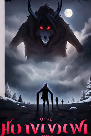 Create a captivating and whimsical 1950s movie poster for a 1920s juvenile horror/humor novel titled "The Howl of the Wendigo," part of the series "The Wolves of Blood Creek" by J.R. Ghostwood.

Key Elements:

Setting: A snowy landscape with a hint of eerie moonlight, conveying the chilling winter atmosphere.

Characters: Include the main characters, Sagie, Lavie, and Birdie, standing united against the backdrop of the menacing Wendigo's eyes in the storm.

Wolves: Showcase the Blood Creek wolves, emphasizing their pack dynamic and unique personalities.

Humor and Horror: Infuse a balance of humor and horror elements to reflect the book's dual genre, perhaps through the expressions and interactions of the characters.

Title and Series: Clearly highlight "The Howl of the Wendigo" as the title, and "The Wolves of Blood Creek" as the series, with the author's name, J.R. Ghostwood.

Feel free to play with color schemes, lighting effects, and visual elements that resonate with a juvenile horror/humor theme,manga