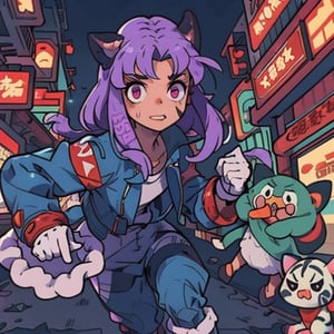 kawaii,mater piece, beautiful girl in an abandoned zombie filled city, red_panda, paw_gloves, Fur_boots, animal_marking, face_paint, chocolate_hair, violet_eyes, furry_jacket,yofukashi background, zombies,hinata,1990s \(style\),kusanagi motoko,city,chundef, action_pose, battle_stance, back_pack,running,teenage , ripped_clothing, bloody_clothes, sweatpants,Circle,vectorstyle, happy_face, hungry,cammy sf6,c.c.