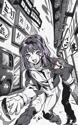 Comic, kawaii, master piece, beautiful girl in an abandoned zombie filled city, red_panda, paw_gloves, Fur_boots, animal_marking, face_paint, chocolate_hair, violet_eyes, furry_jacket,yofukashi background, zombies,hinata,1990s \(style\),kusanagi motoko,city,chundef, action_pose, battle_stance, back_pack,running,teenage , ripped_clothing, bloody_clothes, sweatpants,Circle,vectorstyle, happy_face, hungry,cammy sf6,c.c.