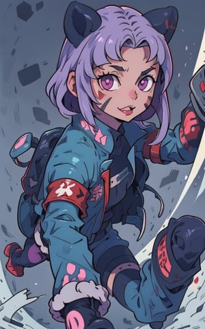 Comic, kawaii, master piece, beautiful girl in an abandoned zombie filled city, red_panda, paw_gloves, Fur_boots, animal_marking, face_paint, chocolate_hair, violet_eyes, furry_jacket,yofukashi background, zombies,hinata,1990s \(style\),kusanagi motoko,city,chundef, action_pose, battle_stance, back_pack,running,teenage , ripped_clothing, bloody_clothes, sweatpants,Circle,vectorstyle, happy_face, hungry,cammy sf6,c.c.,manga,manwha