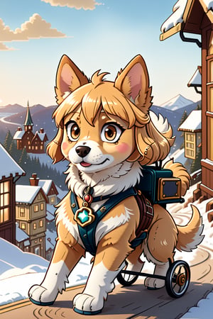 1930s (style), kawaii, chibi, a young determined disabled young copper-haired girl with aviation goggles in a wheelchair pulled quickly by a cuddly white golden retriever pup, surrounded by a haunted 1920s Oregon mountain town, nestled in the snowy cliffs, motion, dog_sled, mittens, Steampunk