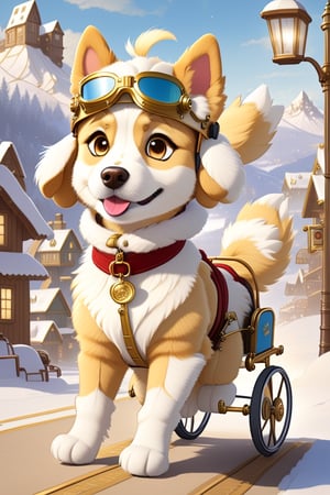 1930s (style), kawaii, chibi, A blizzard engulfs a haunted 1920s Oregon mountain town, with a young disabled girl in a wheelchair, wearing aviation goggles, being pulled quickly by a cuddly white golden retriever pup, motion, dog_sled, mittens, Steampunk
