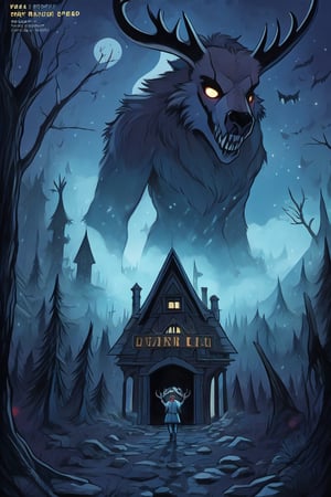 Create an eye-catching and whimsically eerie book cover for "The Howl of the Wendigo" from the "Wolves of Blood Creek" series by J.R. Ghostwood. Infuse a blend of juvenile horror and humor into the artwork, capturing the essence of the young wolf protagonists, Sagie and Lavie, as they confront the menacing Wendigo. Play with the juxtaposition of spooky elements and lighthearted details to appeal to the target audience. Include key elements like the ancient tower, a looming Wendigo, and the spectral spirits. Use a palette that balances the spooky atmosphere with a touch of humor, ensuring the cover captivates young readers with its intriguing and slightly chilling vibe.,Weresheep,comic_book_cover