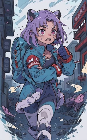 Comic, kawaii, master piece, beautiful girl in an abandoned zombie filled city, red_panda, paw_gloves, Fur_boots, animal_marking, face_paint, chocolate_hair, violet_eyes, furry_jacket,yofukashi background, zombies,hinata,1990s \(style\),kusanagi motoko,city,chundef, action_pose, battle_stance, back_pack,running,teenage , ripped_clothing, bloody_clothes, sweatpants,Circle,vectorstyle, happy_face, hungry,cammy sf6,c.c.,manga,manwha