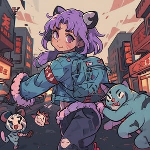 kawaii,mater piece, beautiful girl in an abandoned zombie filled city, red_panda, paw_gloves, Fur_boots, animal_marking, face_paint, chocolate_hair, violet_eyes, furry_jacket,yofukashi background, zombies,hinata,1990s \(style\),kusanagi motoko,city,chundef, action_pose, battle_stance, back_pack,running,teenage , ripped_clothing, bloody_clothes, sweatpants,Circle,vectorstyle, happy_face, hungry,cammy sf6