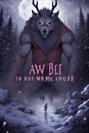 Create a captivating and whimsical 1950s movie poster for a 1920s juvenile horror/humor novel titled "The Howl of the Wendigo," part of the series "The Wolves of Blood Creek" by J.R. Ghostwood.

Key Elements:

Setting: A snowy landscape with a hint of eerie moonlight, conveying the chilling winter atmosphere.

Characters: Include the main characters, Sagie, Lavie, and Birdie, standing united against the backdrop of the menacing Wendigo's eyes in the storm.

Wolves: Showcase the Blood Creek wolves, emphasizing their pack dynamic and unique personalities.

Humor and Horror: Infuse a balance of humor and horror elements to reflect the book's dual genre, perhaps through the expressions and interactions of the characters.

Title and Series: Clearly highlight "The Howl of the Wendigo" as the title, and "The Wolves of Blood Creek" as the series, with the author's name, J.R. Ghostwood.

Feel free to play with color schemes, lighting effects, and visual elements that resonate with a juvenile horror/humor theme,manga,werewolf 