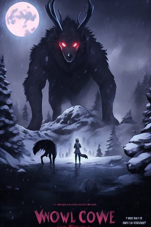 Create a captivating and whimsical 1950s movie poster for a 1920s juvenile horror/humor novel titled "The Howl of the Wendigo," part of the series "The Wolves of Blood Creek" by J.R. Ghostwood.

Key Elements:

Setting: A snowy landscape with a hint of eerie moonlight, conveying the chilling winter atmosphere.

Characters: Include the main characters, Sagie, Lavie, and Birdie, standing united against the backdrop of the menacing Wendigo's eyes in the storm.

Wolves: Showcase the Blood Creek wolves, emphasizing their pack dynamic and unique personalities.

Humor and Horror: Infuse a balance of humor and horror elements to reflect the book's dual genre, perhaps through the expressions and interactions of the characters.

Title and Series: Clearly highlight "The Howl of the Wendigo" as the title, and "The Wolves of Blood Creek" as the series, with the author's name, J.R. Ghostwood.

Feel free to play with color schemes, lighting effects, and visual elements that resonate with a juvenile horror/humor theme,manga