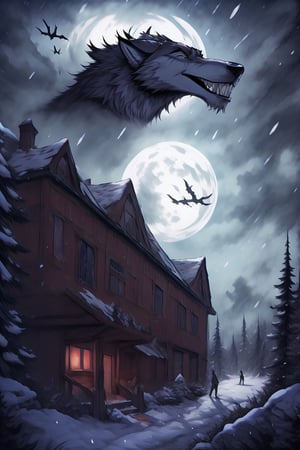 Create a captivating and whimsical 1950s movie poster for a 1920s juvenile horror/humor novel titled "The Howl of the Wendigo," part of the series "The Wolves of Blood Creek" by J.R. Ghostwood.

Key Elements:

Setting: A snowy landscape with a hint of eerie moonlight, conveying the chilling winter atmosphere.

Characters: Include the main characters, Sagie, Lavie, and Birdie, standing united against the backdrop of the menacing Wendigo's eyes in the storm.

Wolves: Showcase the Blood Creek wolves, emphasizing their pack dynamic and unique personalities.

Humor and Horror: Infuse a balance of humor and horror elements to reflect the book's dual genre, perhaps through the expressions and interactions of the characters.

Title and Series: Clearly highlight "The Howl of the Wendigo" as the title, and "The Wolves of Blood Creek" as the series, with the author's name, J.R. Ghostwood.

Feel free to play with color schemes, lighting effects, and visual elements that resonate with a juvenile horror/humor theme,manga,werewolf 