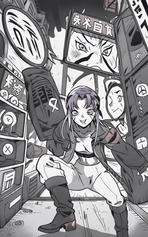 Comic, kawaii,mater piece, beautiful girl in an abandoned zombie filled city, red_panda, paw_gloves, Fur_boots, animal_marking, face_paint, chocolate_hair, violet_eyes, furry_jacket,yofukashi background, zombies,hinata,1990s \(style\),kusanagi motoko,city,chundef, action_pose, battle_stance, back_pack,running,teenage , ripped_clothing, bloody_clothes, sweatpants,Circle,vectorstyle, happy_face, hungry,cammy sf6,c.c.