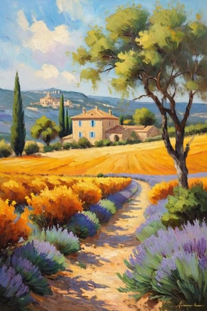 impressionist painting on canvas of Provence, in the style of impressionist masters, warm colors, delicate brushstrokes