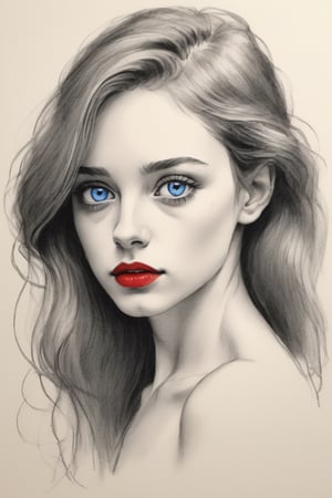 A minimalist black charcoal pencil liner and faded details sketch of a young Australian woman with big blue eyes the color blue can be represented with a small watercolor spot face and upper torso. She has long, flowing wavy hair that cascades down her back. Her eyes are prominently displayed, with detailed eyelashes and eyelids. The red lips are slightly parted, and her complexion appears smooth. The overall style of the drawing is elegant and minimalistic, with a focus on capturing the essence of the subject rather than intricate details