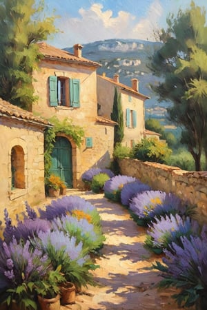 impressionist painting on canvas of Provence, in the style of impressionist masters, warm colors, delicate brushstrokes