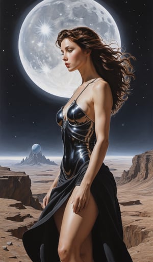Create a highly detailed, photorealist, hyperrealist, hyperdetailed, masterpiece, seamlessly blending the artistic styles of No

rman Rockwell, Steve Hanks, Caravaggio, Hajime Sorayama, Jean Giraud, William-Adolphe Bouguereau, and Jen Christiansen. The subject of the new painting showcases a cinematic setting of a distant future, where a dynamic female protagonist takes center stage in a thrilling live-action sci-fi adventure amidst the surreal landscape of an alien world. In the foreground of the composition stands our heroine, her silhouette a striking contrast against the backdrop of the alien landscape. Clad in a sleek and futuristic ensemble that seamlessly blends form and function, she embodies the epitome of strength and determination. Her attire, adorned with intricate details and high-tech accents, speaks to her role as a fearless explorer of the cosmos. With her steely gaze fixed on the horizon, she navigates the alien terrain with the confidence of a seasoned adventurer. Each movement is executed with grace and power, a testament to her unparalleled skills and unwavering resolve. Her long, flowing brown hair cascades behind her, caught in the swirling winds of the alien world, adding a touch of dramatic flair to her dynamic presence. Armed with state-of-the-art weaponry and cutting-edge technology, our heroine faces each challenge with unwavering courage and ingenuity. Against the backdrop of the alien world's swirling skies and mysterious landscapes, she encounters adversaries that test her mettle at every turn, yet she remains undaunted in her quest for discovery and self-discovery. As she ventures deeper into the unknown, unraveling the secrets of the cosmos while confronting the demons of her own past, our heroine's journey becomes a thrilling adventure of epic proportions. With each step forward, she grows stronger and more determined, forging a path toward an uncertain future with courage and conviction. Through the artist's masterful use of light, color, and composition, the painting captures