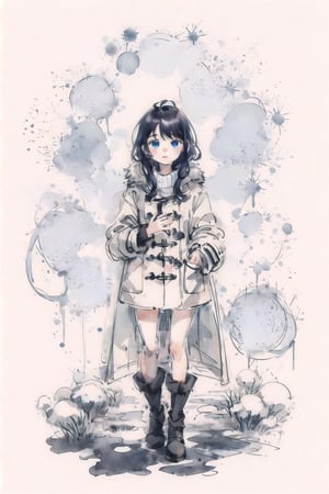 1girl,in furry overcoat,in snowfall,WtrClr, (white background:1.2),sketch art