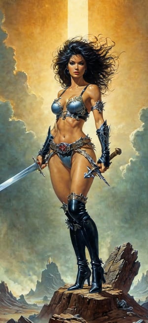 a close up of a woman on a cross with a sword, boris villejo, by Masamune Shirow, by Richard Corben, simon bisley!, 1 9 8 0's heavy metal album art, by Clyde Caldwell, mark brooks frank frazetta, simon bisley and richard corben, by Jason Edmiston, by Tim and Greg Hildebrandt
