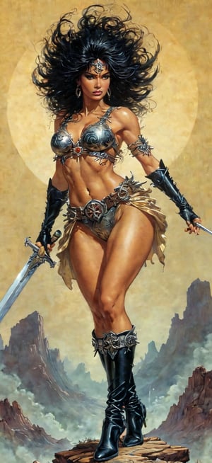 a close up of a woman on a cross with a sword, boris villejo, by Masamune Shirow, by Richard Corben, simon bisley!, 1 9 8 0's heavy metal album art, by Clyde Caldwell, mark brooks frank frazetta, simon bisley and richard corben, by Jason Edmiston, by Tim and Greg Hildebrandt