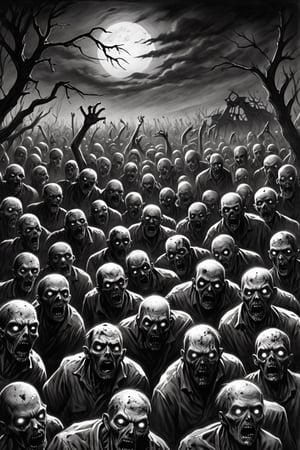 In the dead of night, the ground trembles as the earth splits open to reveal hordes of zombies, their lifeless eyes glowing in the darkness, rising up from the depths in a relentless surge, all illustrated in a hauntingly beautiful black and white charcoal style.