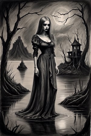 la lady losy on a creepy island, dark fantasy, charcoal art