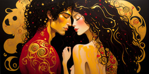 Klimt style, young man and woman, black hair, ((woman is Indigenous)), ((man is Caucasian with brown hair)), lovers, nude, man holding woman from behind, kissing, detailed bodies, having sex, penetrative, intense, smile, blushing, full body, ((detailed geometric art in background, gold swirls on black)), with a dark palette of deep black and gold blending with red, evoking a dark and mysterious atmosphere, Leonardo Style, nsfw, oil paint,dripping paint