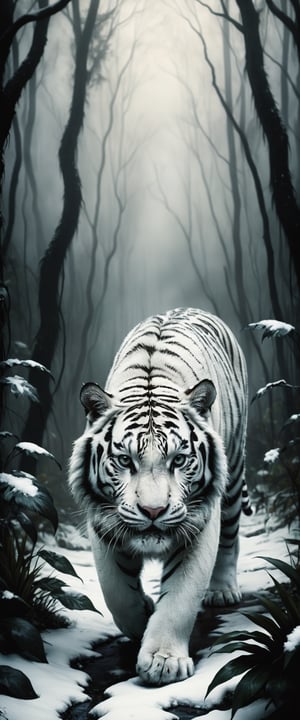 a white tiger in the distance walking through a dark scary jungle with snow, masterpiece, realism, photography forest, high budget, dark, spooky, suspenseful, grim, highly detailed, dim light, 

more detail XL