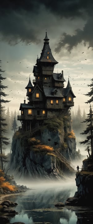 Create a unique and enchanting medieval bulding on top of a rock surrounded by water, tapestry of folklore and epic tales, by Miyazaki, by Ghibli and Andy Kehoe, cute and charming, detailed and captivating illustration, masterpiece, semi-realism, epic, gorgeous, highly detailed, dim light, 

stalker