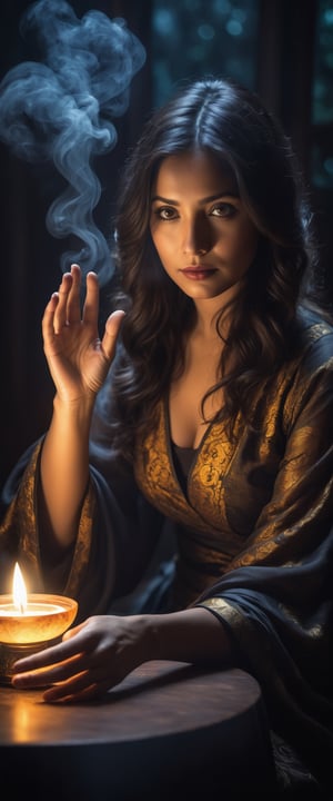 Photorealistic image of a mysterious fortune teller with an enchanting aura, the air around her is filled with swirling amber smoke, alluring lighting, dark and captivating atmosphere, soft unobtrusive background, masterpiece, realism, photography, cinemascope, moody, gorgeous, highly detailed, dim light


