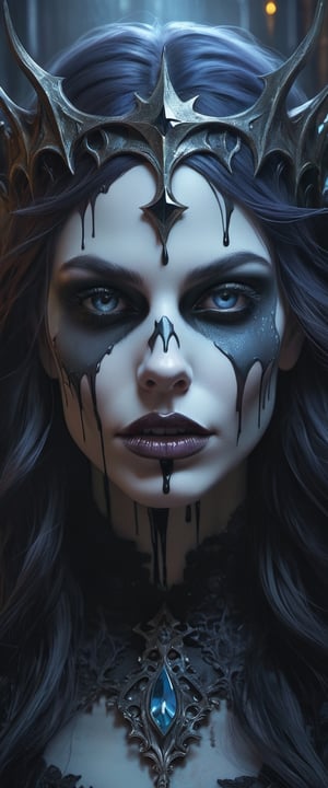 Realistic close-up shot, evil queen, white skin melts away, dark  unholy character becomes visible, creepy; mystical, nice perfect face with soft skin, concept art portrait, hyperdetailed, intricately detailed gothic art, cinematic lighting